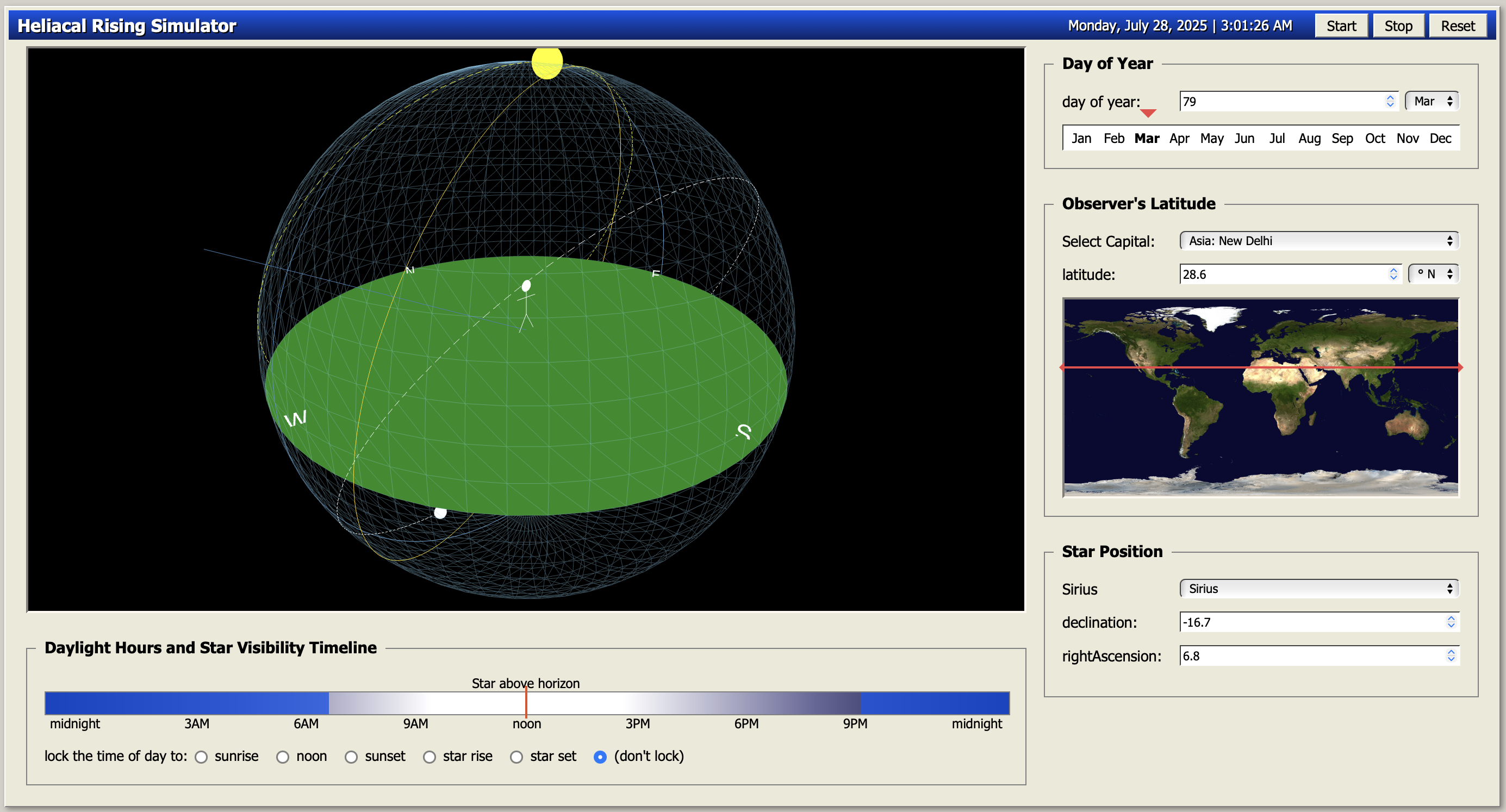 Preview of the Heliacal Rising Simulator showing a star rising before the sun.