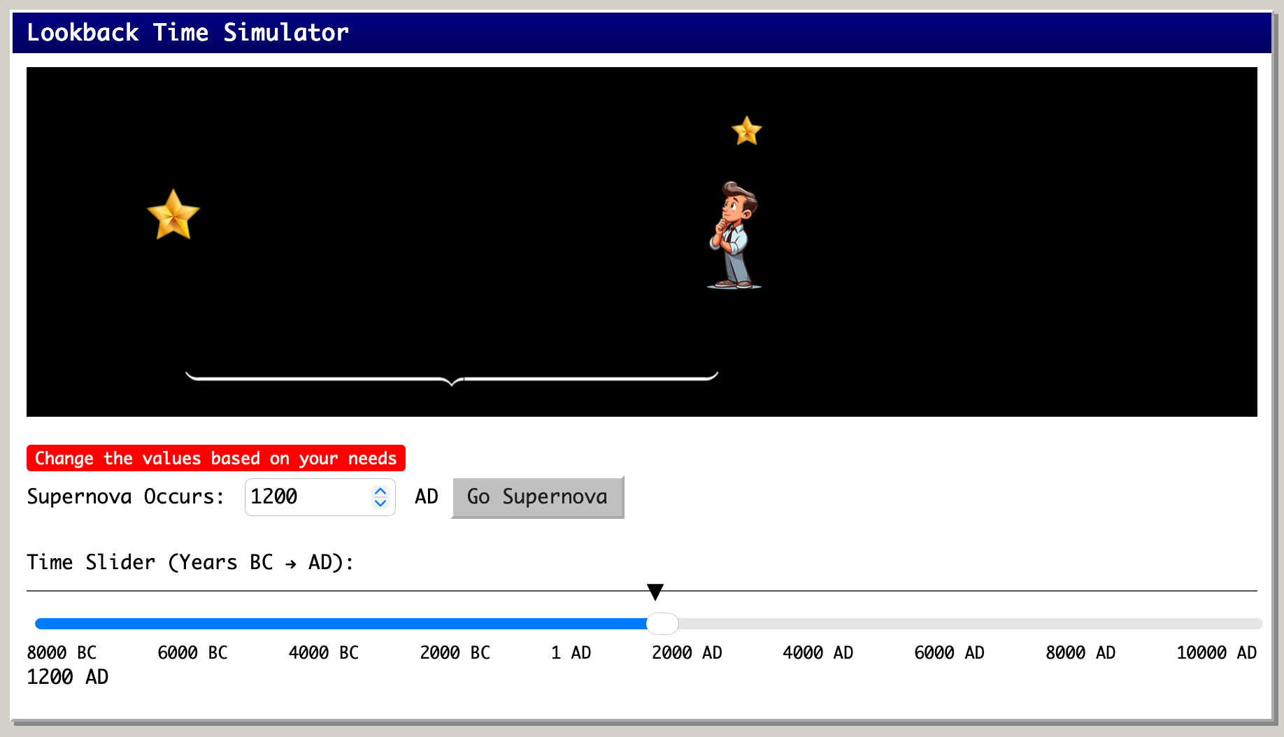 Preview of the Lookback Time Simulator showing light travel from a galaxy.